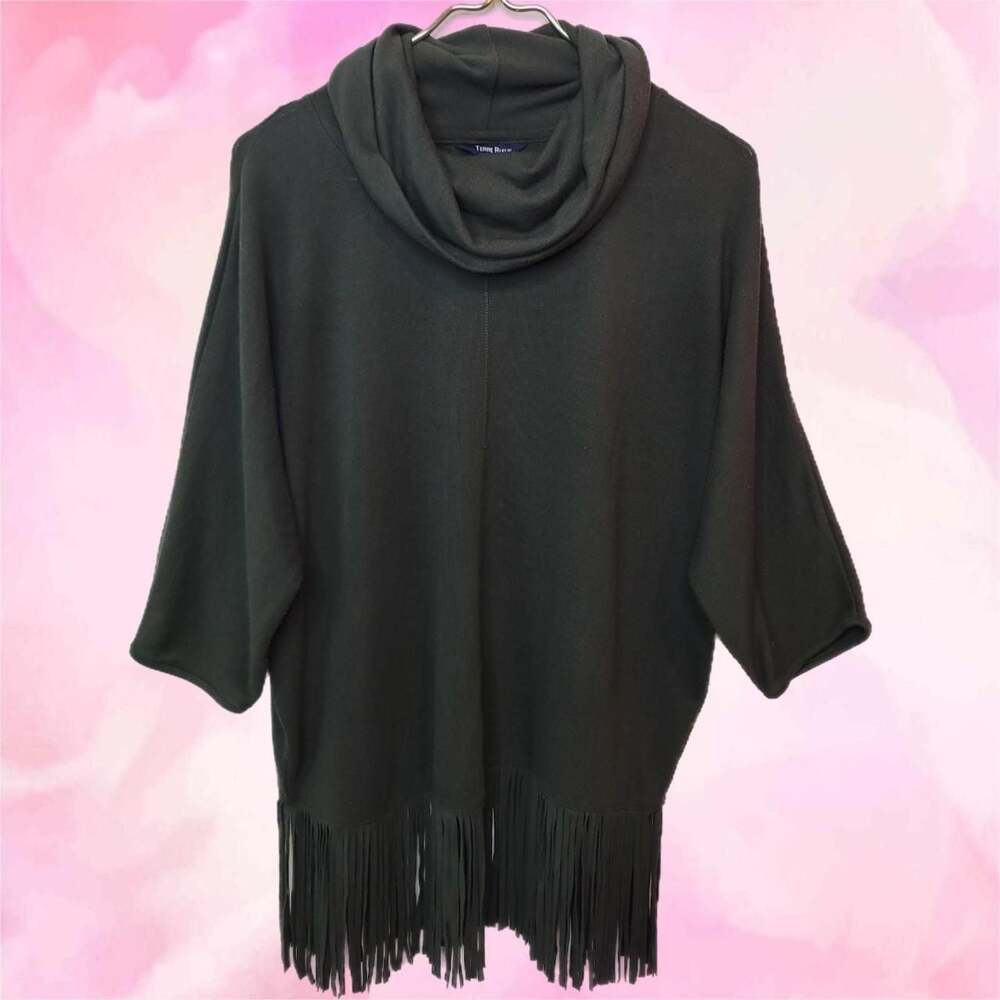 Terre Bleue Cowl Neck Fringe Hem Sweater